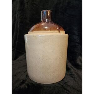 Antique Stoneware Pottery Moonshine Jug W/Handle 11 Inch Tall Brown Grey